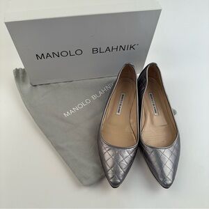 Manolo Blahnik Metallic Silver Quilted Flats